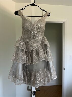 Lace Embroidered Tiered Prom Dress in Champagne